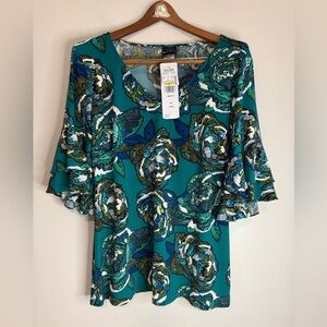 COCO BIANCO NWT Floral print Teal Top with Ruffle Sleeves size large